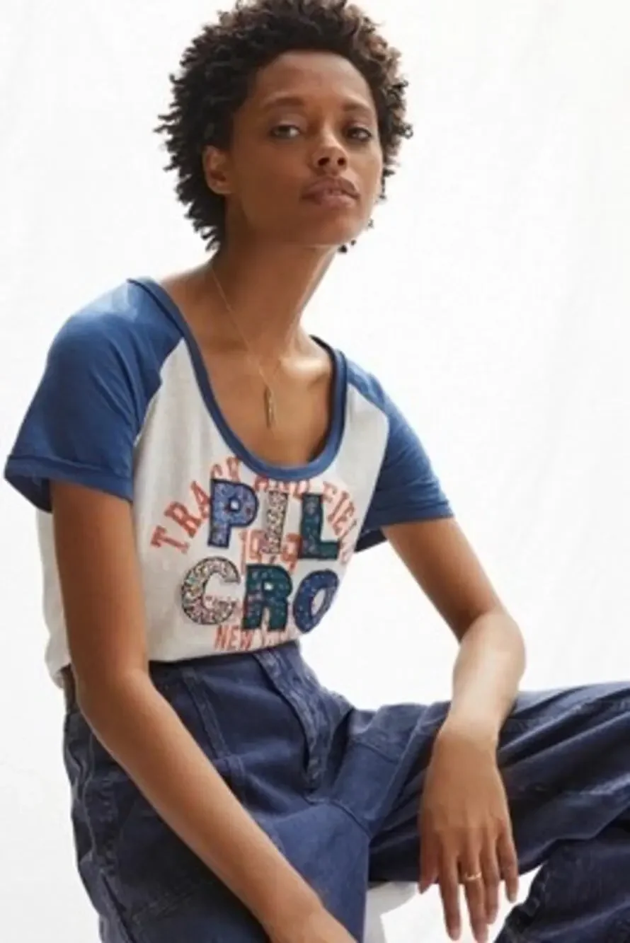 Anthropologie Pilcro Varsity Tee Cotton Short Sleeves with Applique Logo Size XS